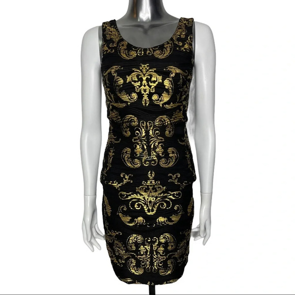🛍️3/$40 Almost Famous Black Gold Bodycon Sleeveless  Dress Size Small - Picture 5 of 5